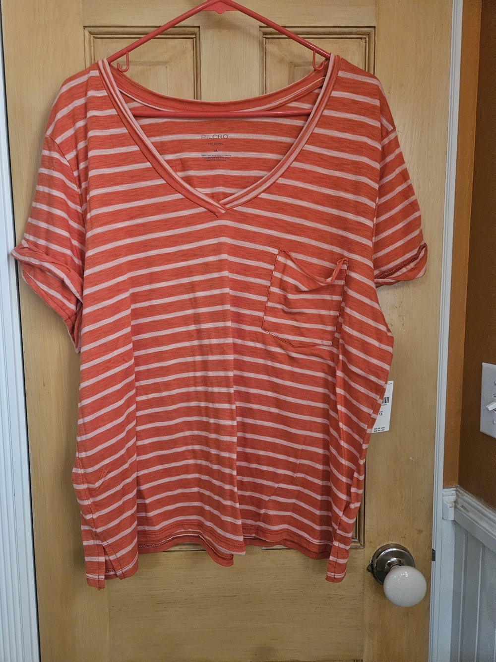 Pilcro Women's Stripe V-Neck Pocket Tee - Orange/Peach